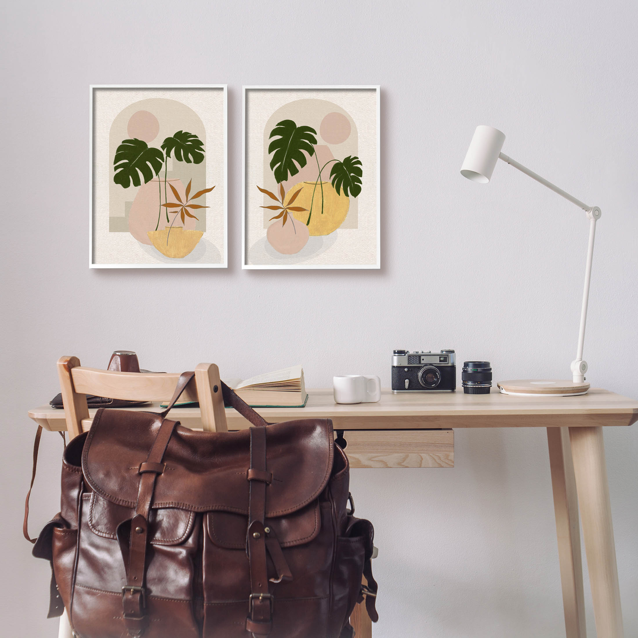 Boho Monstera Archway Landscape Botanical & Floral Painting White Framed Art Print Wall Art, Set of 2