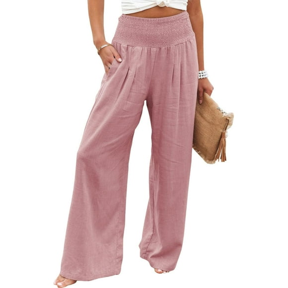 Un Pantalon d'Été en Lin de Coton Taille Haute pour Femmes Pantalon de Salon Long Jambe Large avec Poche Rose X-Large