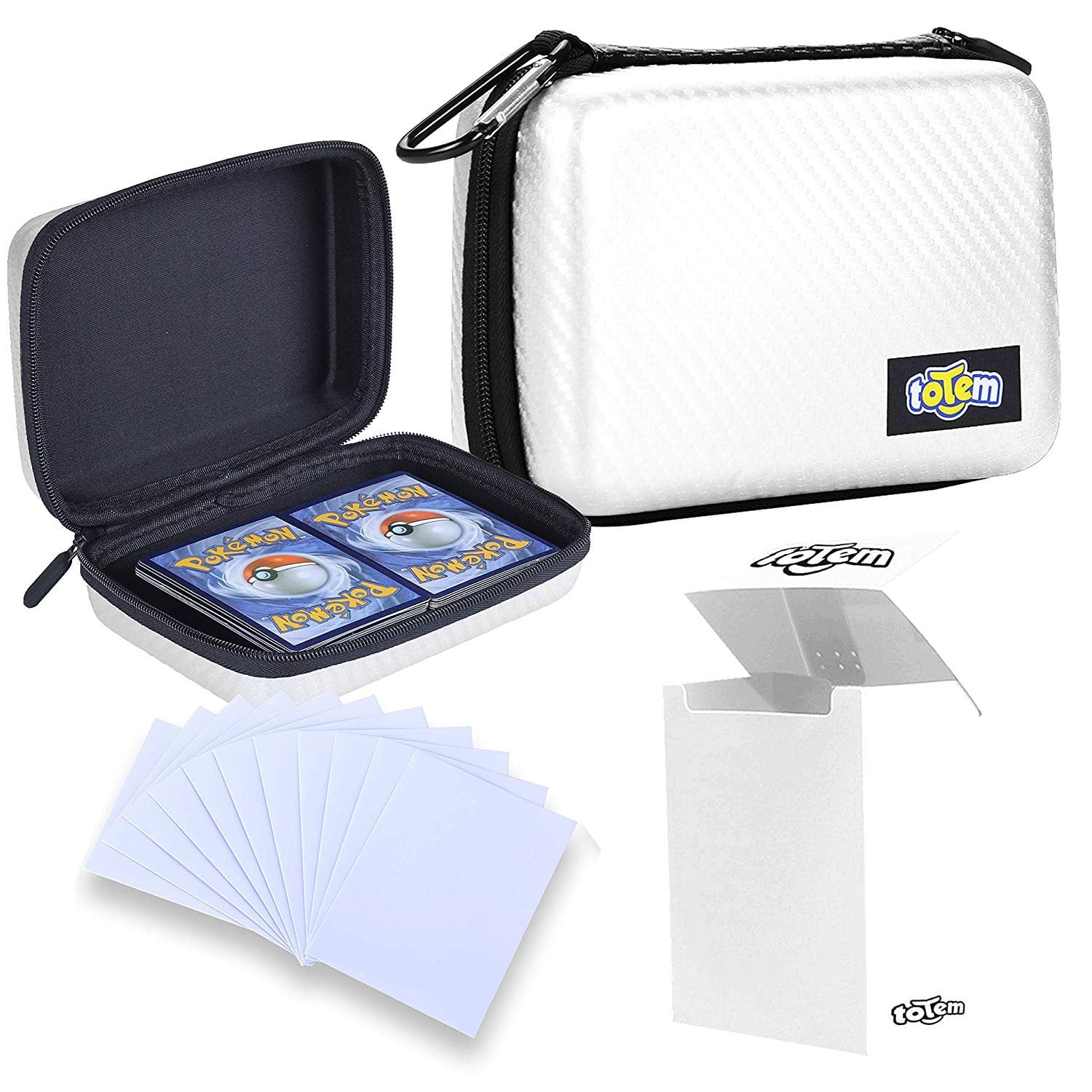 Totem World Card Case with Deck Box Protector and 100 Card Sleeves - Compatible with Pokemon, Yu-Gi-Oh, and Magic The Gathering Cards - Kid Safe Zipper Carrying Organizer - 500 Card Holder (White)