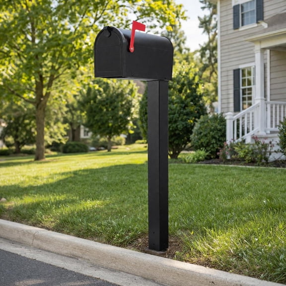 Mailbox Post, 43 Inch Steel, Powder Coated Black, In-Ground Mounting, Heavy Duty Metal Stand