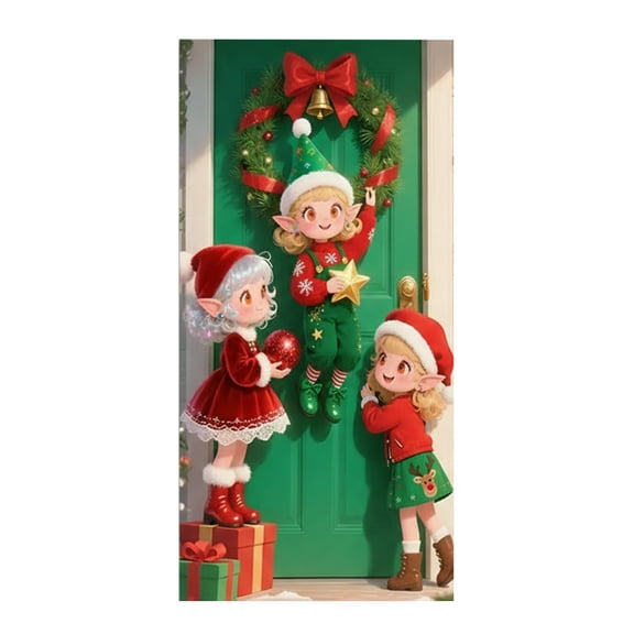 Cheapark Christmas Outdoor Door Curtain - Festive Fabric Hanging Decoration, Weather-Resistant Print, Elves Theme Background for Holiday Party Photo Props Home Exterior