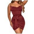 thumbnail image 2 of Wycnly Formal Dresses for Women Sexy Spaghetti Strap Irregular Ruched Bodycon Party Club Dresses Sleeveless V-Neck Solid 2024 Summer Mini Dress Wine m, 2 of 7