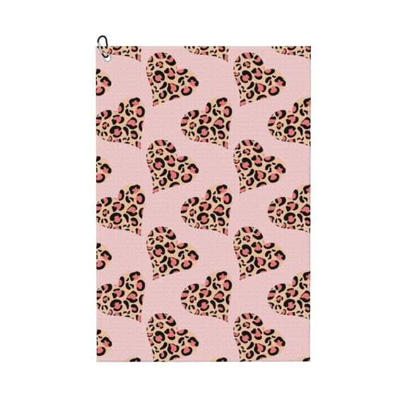 Golf Towels for Golf Bags For Men Women - Abstract Hearts Leopard pink 24x16in Absorbent Quick Drying Golf Towel for Cleaning Golf Ball Club Golf Bag Accessories with Carabiner