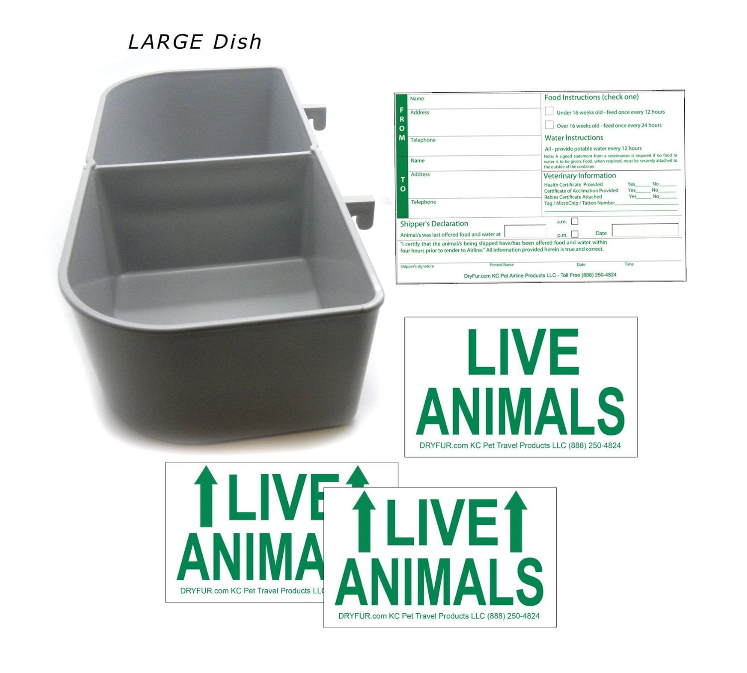 Kennel Travel Kit for Pets - Hook-On Dish & Live Animal Labels -LARGE size  