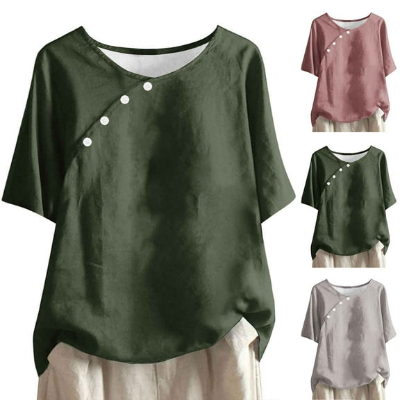 YHAJDS T Shirts for Women Womens Tops Short Sleeve Solid Color Round Neck Linen Bamboo Button Down Shirt