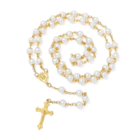 KOMI White 8mm Glass Pearl Rosary Beads Catholic Necklace for Women First Communion Gifts with Velvet Bag