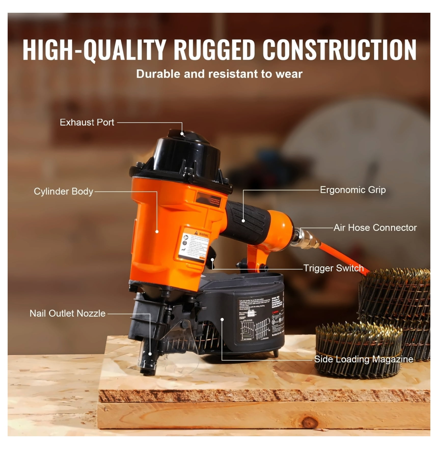 MCN55 Coil Nailer, 15 Degree Pneumatic Siding Nail Gun - 1 to 2-1/4 Inch - Wooden Pallet, Fence & Furniture Assembly - High Capacity 350 Nails