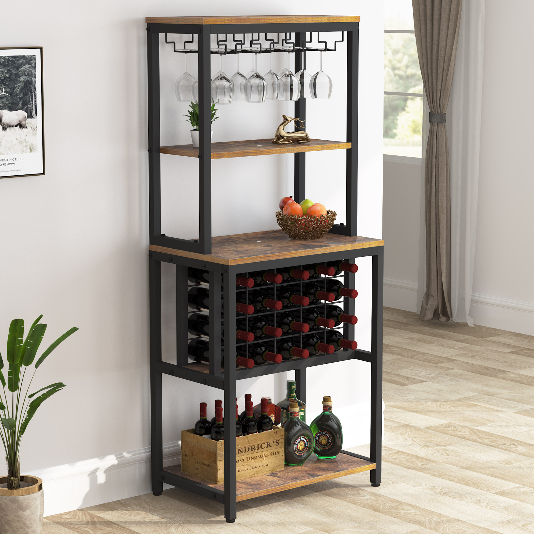 Storage Cabinets 3 Shelves and a 15 Wine Glass Rack with a Modern Dark Weathered Oak Finish TUHOME Montenegro Collection Bar Cabinet//Home Bar Comes with a 5 Bottle Wine Rack