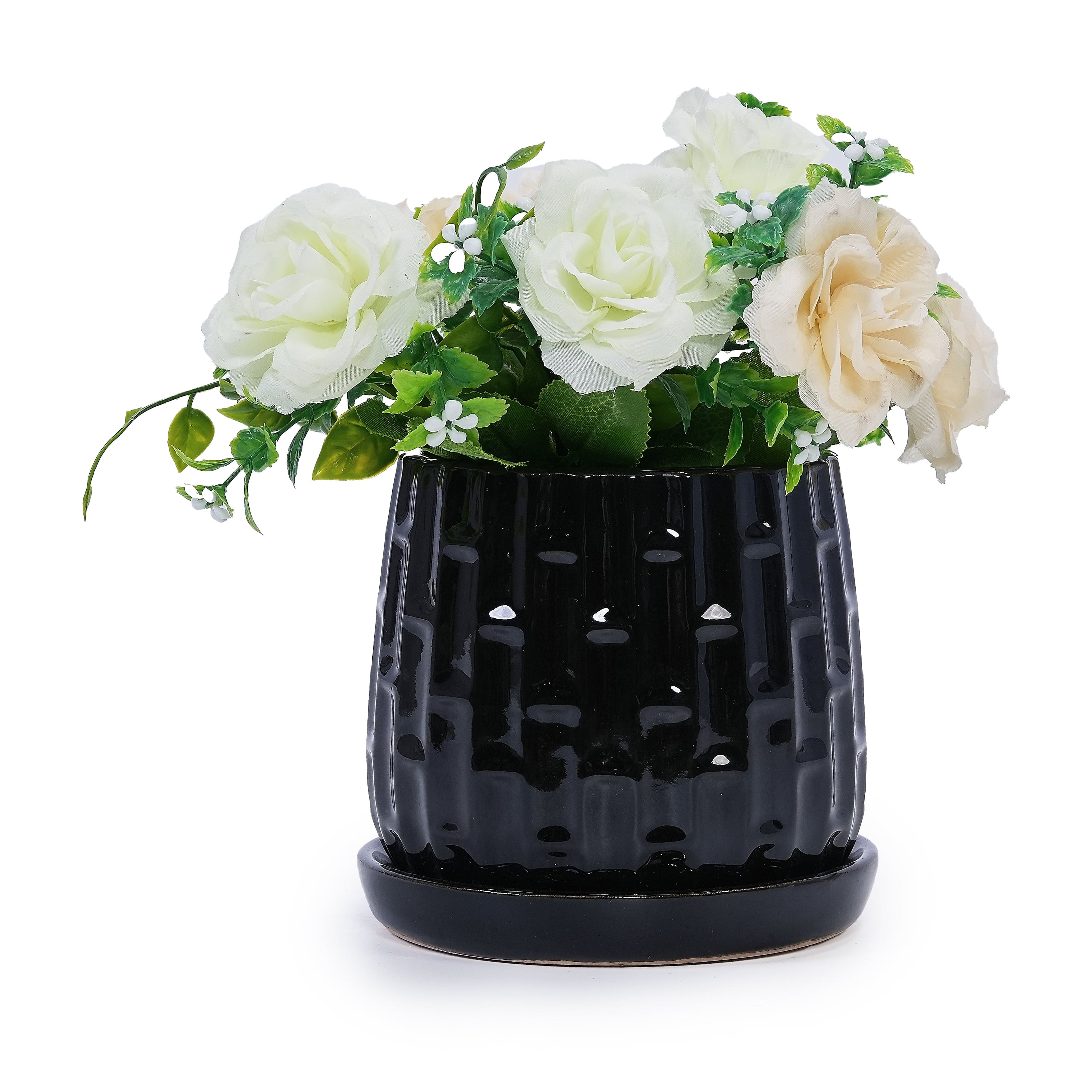 Black Ceramic Planters 2-Pack with Drainage, 7" Modern Planters for Indoor Outdoor Use - All-Weather Garden Planters for Patio Windowsill Decor