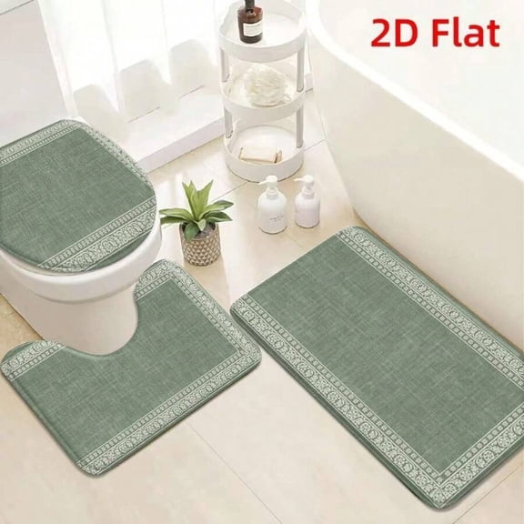 3-Piece Non-Slip Bath Rug Set In Sage Green With Embroidered Border