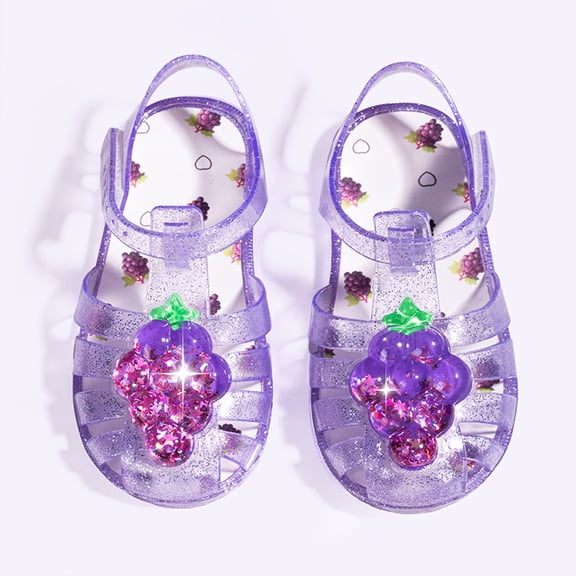 AVRNLIQ Kids Girls Glitter PVC Closed Toe Jelly Sandals Purple Cute 3D Fruit Summer Water Shoes Back Strap,Size 5 T