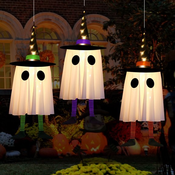 Halloween Hanging Ghosts - 3Pcs Glowing Ghost Witch Hat Lights for Halloween Party Yard Tree Garden Indoor Outdoor Decorations