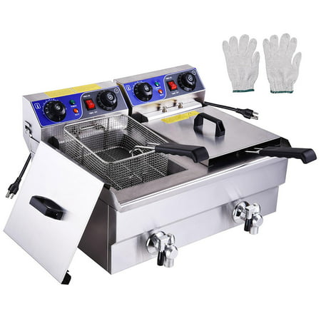 PNR 23.4L 3000W Commercial Electric Deep Fryer Countertop Dual Tanks with Timers and Drains Reset Button French Fry