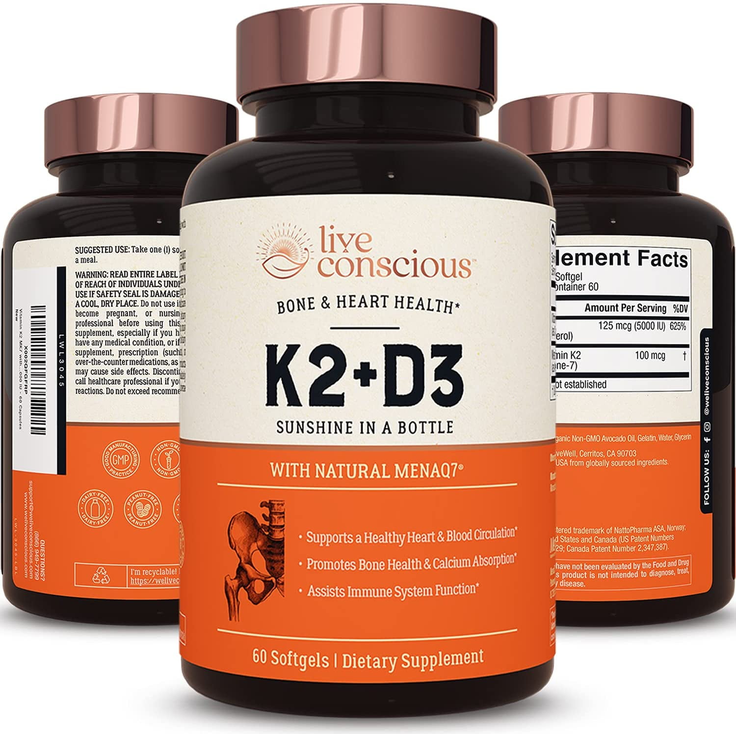 Live Conscious Vitamin K2 MK-7 with D3, 100 mcg & 5000 IU, 60 Softgels