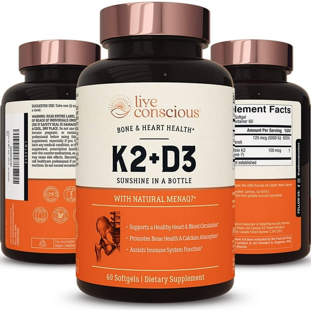 Live Conscious Vitamin K2 MK7 with D3, 100 mcg & 5000 IU, 60 Softgels