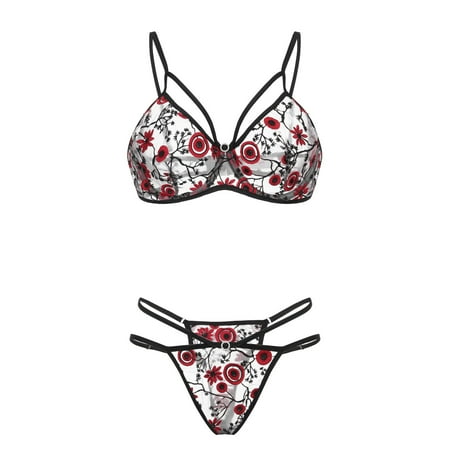 

〖Hellobye〗G-string Red Flowers Embroidery Bralette Cupless Lace Bra Bustier Women Lingerie