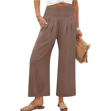 OIOLOYJM Women s Wide Leg Pants Casual High Waisted Palazzo Pants Spring Summer Flowy Beach Lounge Trousers Business Work Clothes with Pockets Coffee S