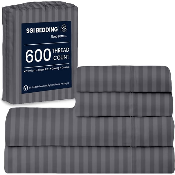 SGI Bedding 600 TC Texas King Size 4 Pc Sheet set - 100% Egyptian Cotton Sheets Sateen Weave, Breathable, 12" Deep Pocket, Hotel Luxury Soft Bed Sheets, Dark Grey Stripe