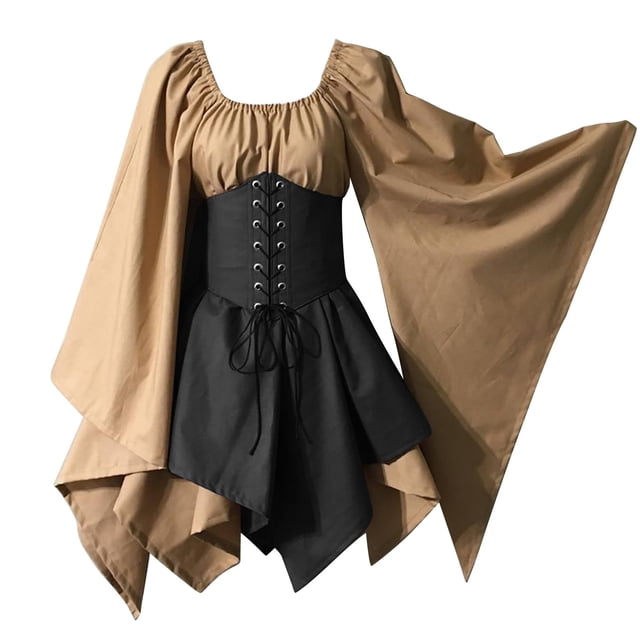 WTXUE Robes Grande Taille, Robe de Soirée Manches Longues Mi-Longue Col Rond, Robe Chemise Irlandaise Manches Trompette Corset Robe Corset Rétro Femme Grande Taille, Café+ S