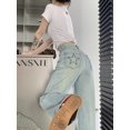 thumbnail image 2 of Pantalones de mezclilla rectos con bordado de estrellas para mujer, Pantalones de pierna ancha, Vintage, Y2k de longitud completa, Pantalones vaqueros de cintura alta americanos, azul claro, 2 of 5