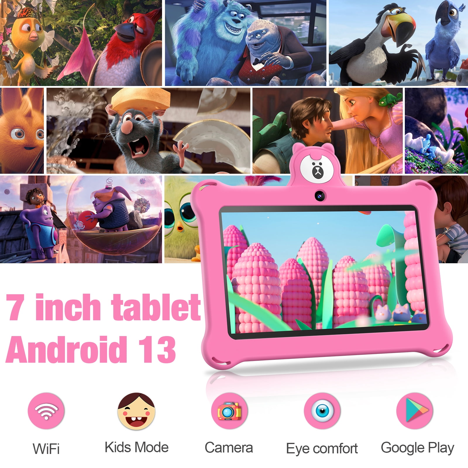 Kids Tablet 7 inch 32GB WiFi Android 13 Tablet For Kids| Bluetooth | Parental Control | Pre-Installed Learning Tablet Apps for Toddlers Children | with Shockproof Case(Pink)