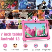 Kids Tablet 7 inch 32GB WiFi Android 13 Tablet For Kids| Bluetooth | Parental Control | Pre-Installed Learning Tablet Apps for Toddlers Children | with Shockproof Case(Pink)