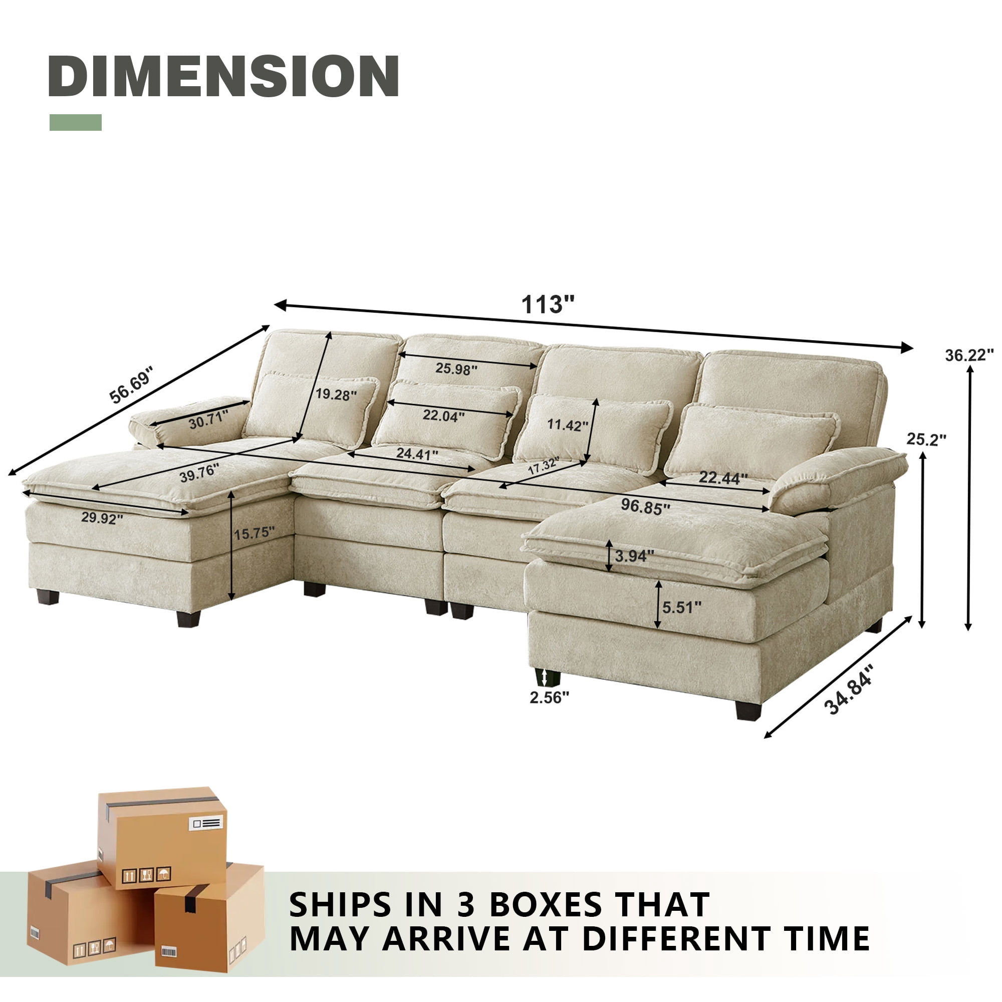 Soscana 113" Sectional Sofa Oversized U Shaped Couch with Double Chaise,Cloud Couch with 4 Waist Pillows,Modern Linen Seating Furniture for Living Room Office Studio Apartment,Beige