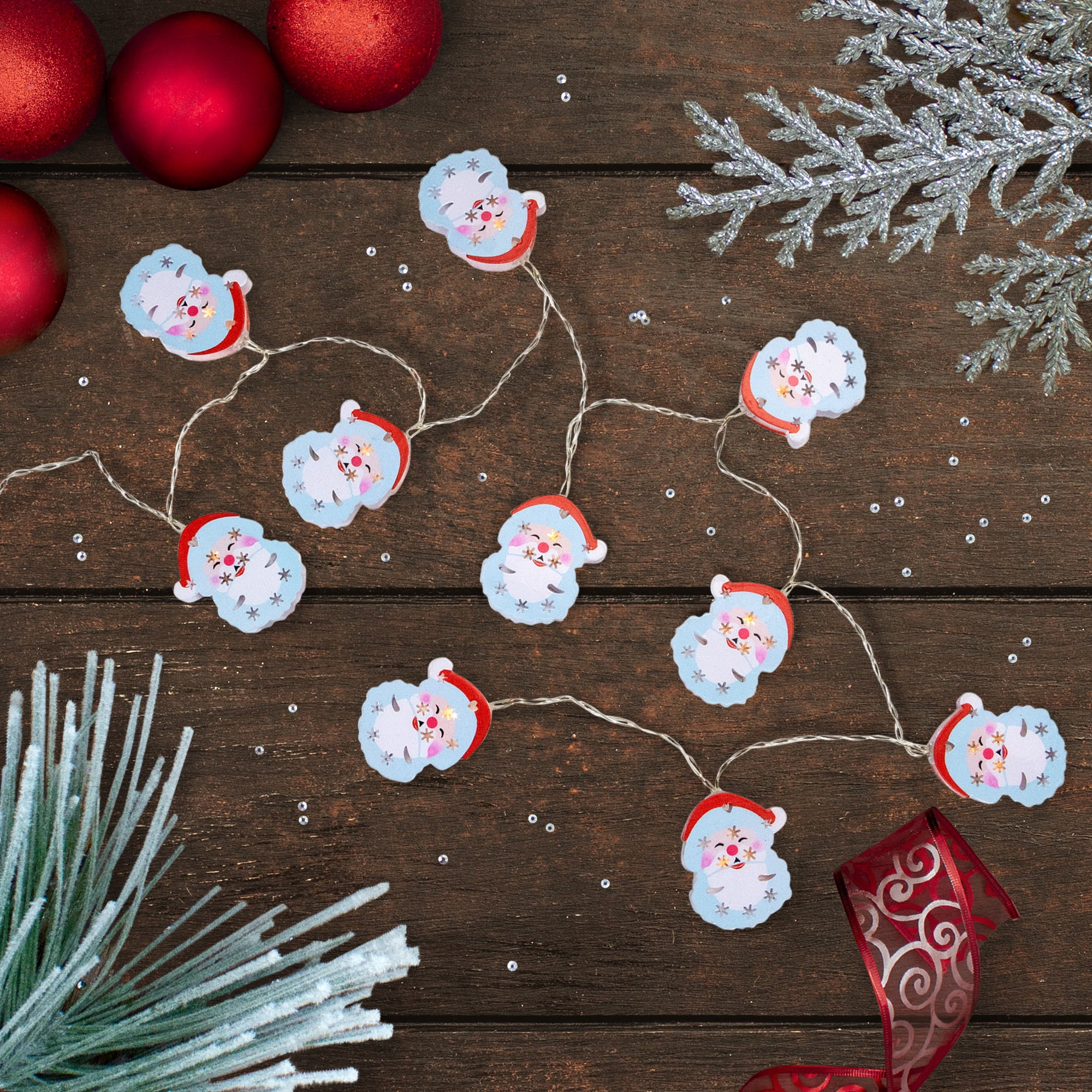 10-Count Warm White LED Metal Santa Face Christmas Fairy Lights 4' Copper Wire