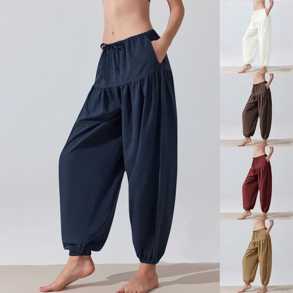 XUNKUSGA Harem Pants Women Casual Soild Boho Pants Comfortable Elastic Waist Drawstring Yoga Jogger Pants with Pockets Fashion Summer Beach Pants,Blue
