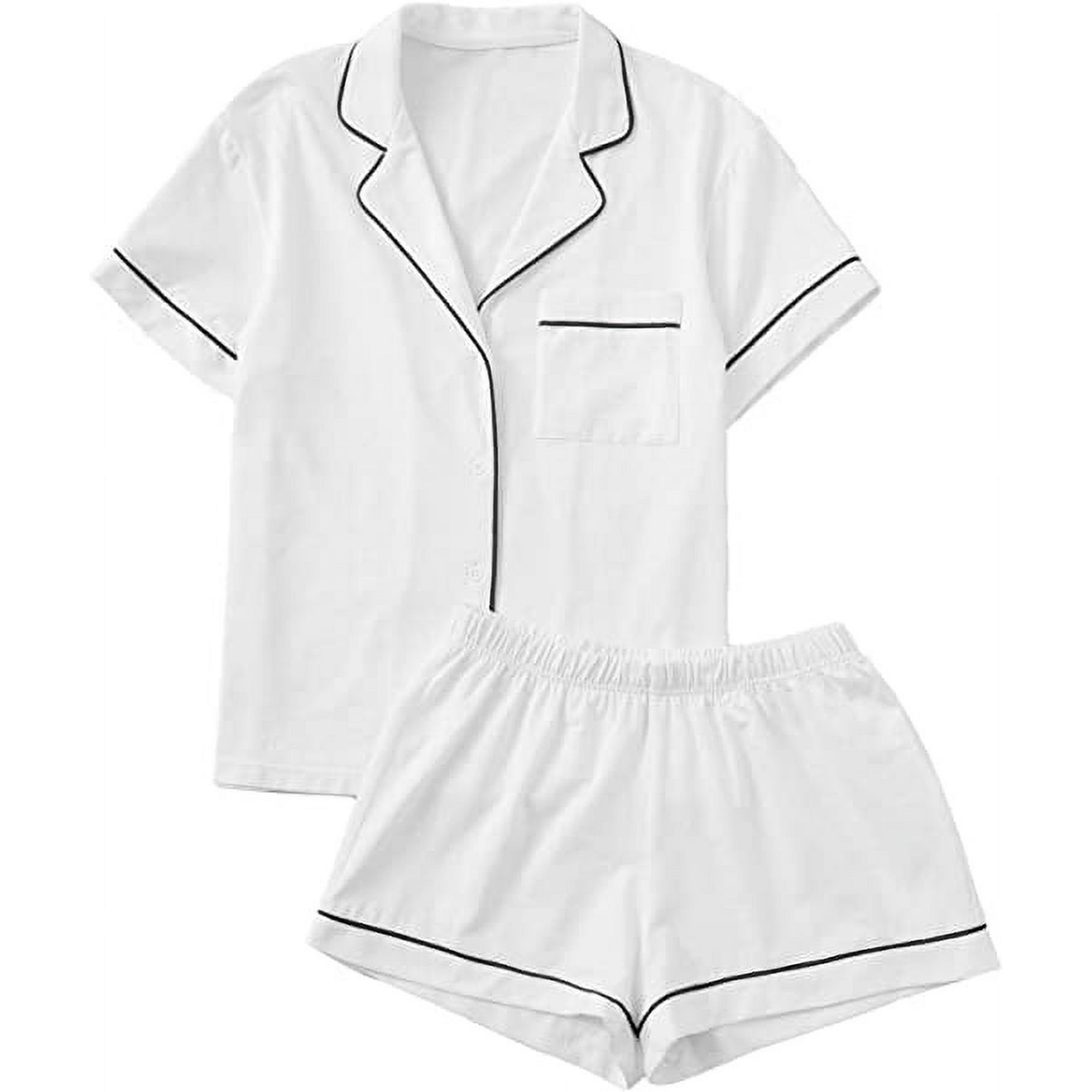 Women s Notch Collar Short Sleeve Sleepwear Two Piece Pajama Set white XL