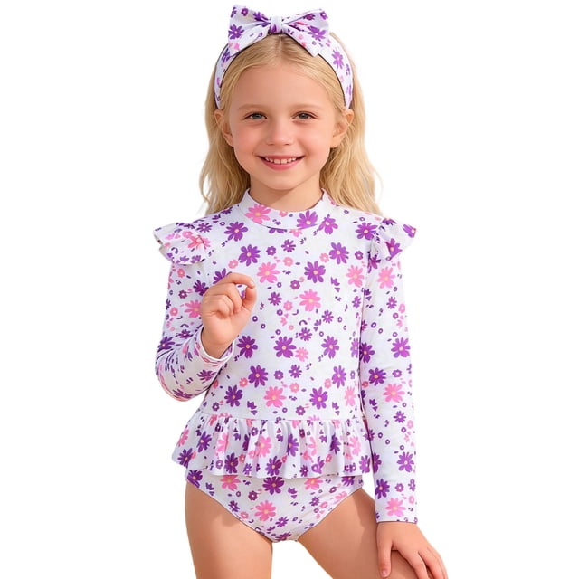 Girls Rash Guard Swimming Bathing Suit Sun Protection Long Sleeve Ruffle Kids Swimsuit 6-7 Years