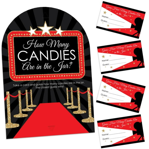 Big Dot of Happiness Red Carpet - How Many Candies Movie Night Party Game - 1 Stand and 40 Cards - Candy Guessing Game