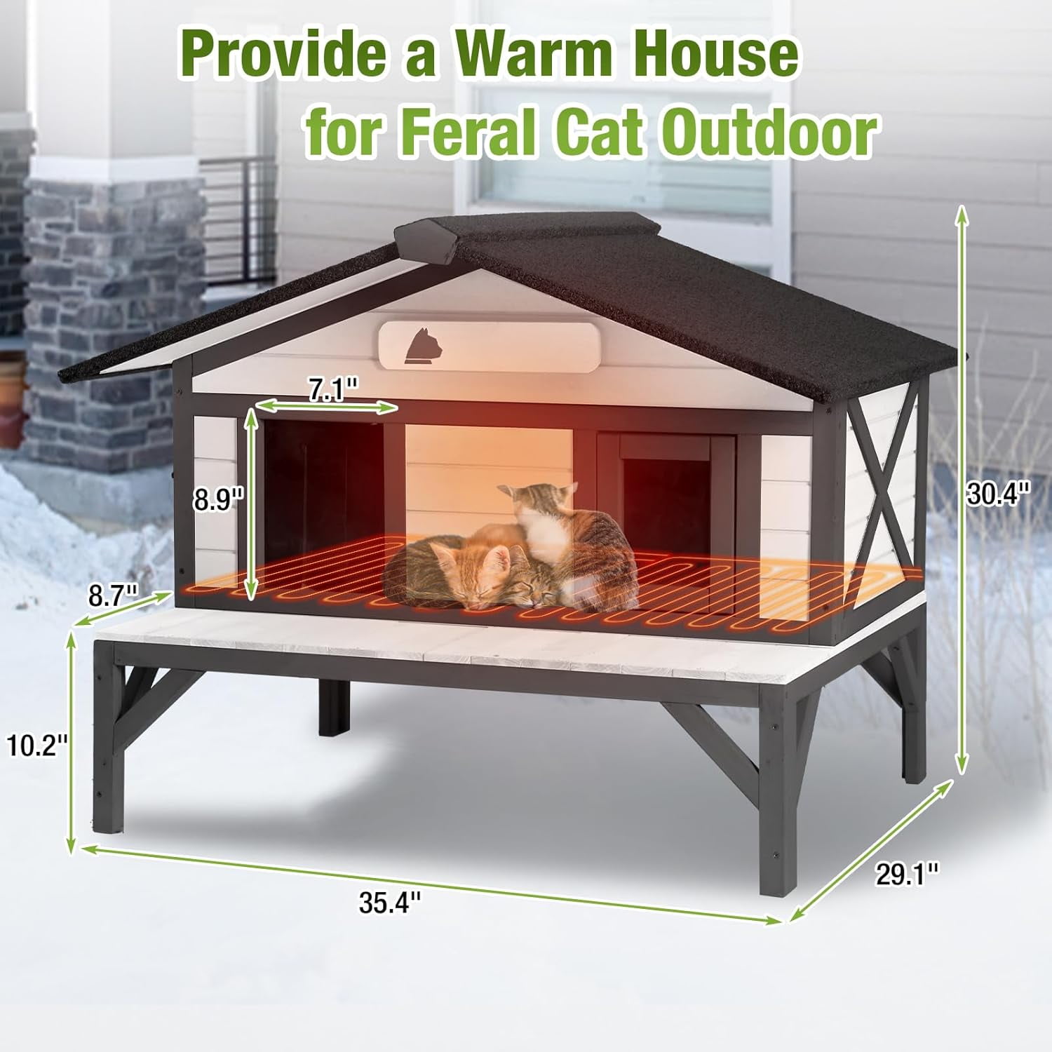 MEDEHOO Heated Outdoor Cat House Weatherproof Large Cat Shelter with 100% Insulated Liner for Multiple Cats, Cat Houses for Indoor Cats（Black）