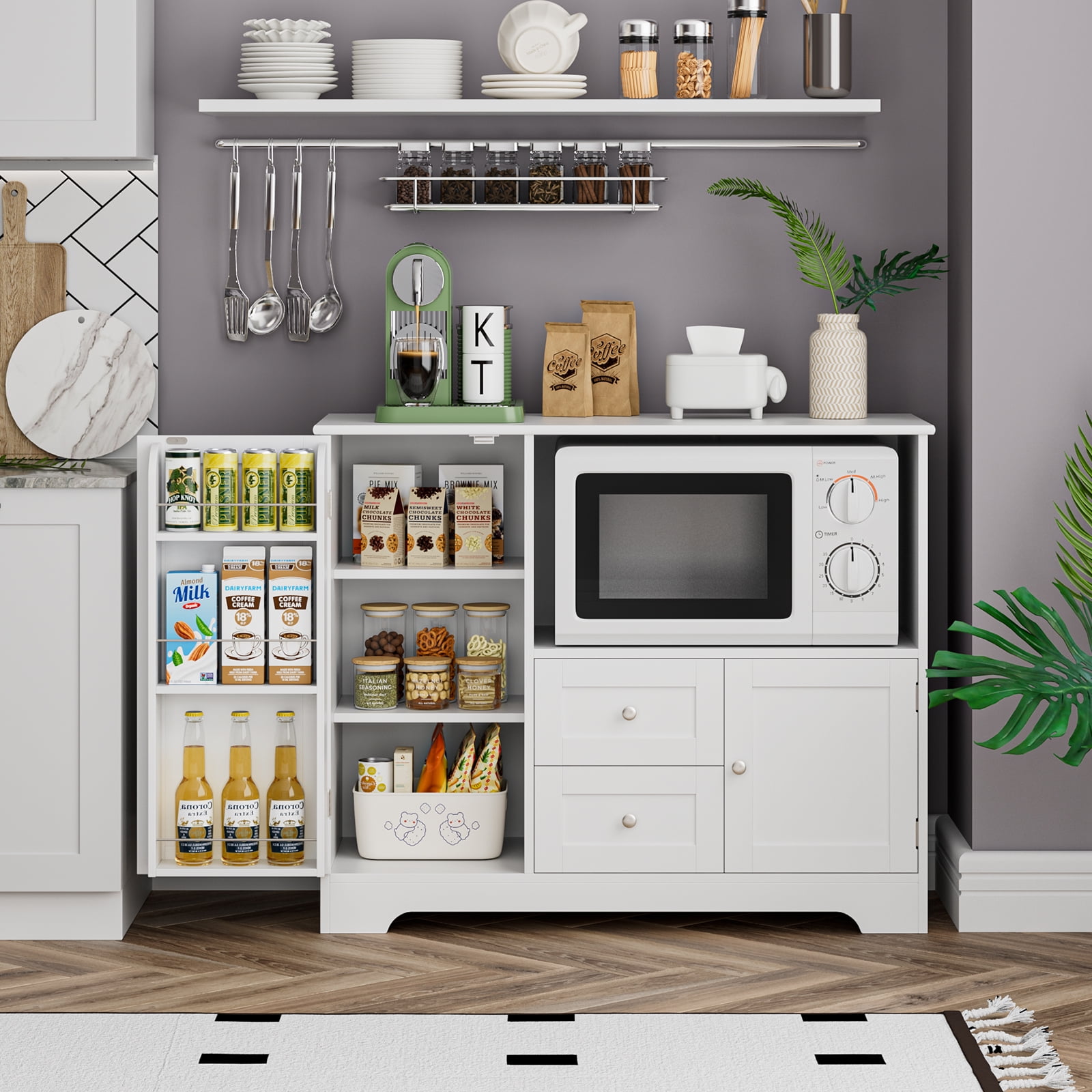 Homfa 40'' Kitchen Storage Cabinet, Buffet Cabinet Sideboard with  Drawers and Adjustable Shelves, Microwave Cabinet for Dining Room, White