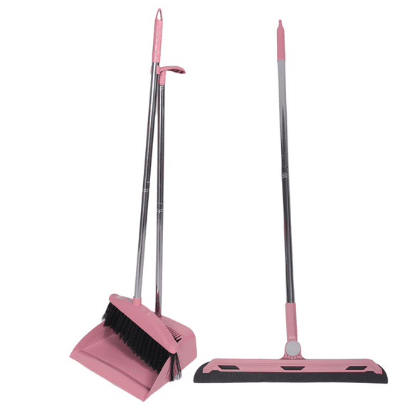 Dustpan Broom Set Floor Wiper Household Cleaning Long Handle for Lobby Kitchen Pink