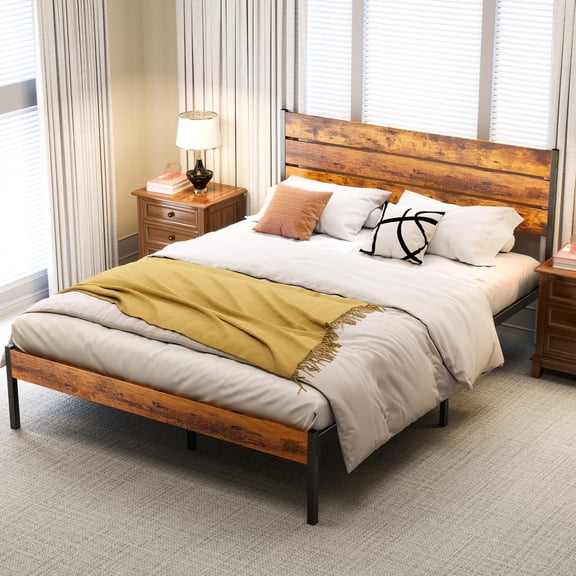 Full Size Bed Frame With Headboard, Heavy Duty Metal Platform Mattress Foundation, Under Bed Storage Space, Noise Free Slat Support, Retro Industrial Bedroom Furniture, Rust Brown