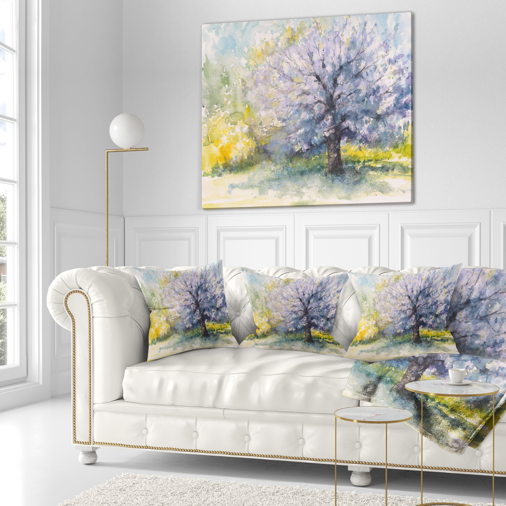 Designart Blooming Cherry Tree - Watercolor Floral Throw Pillow - 16x16