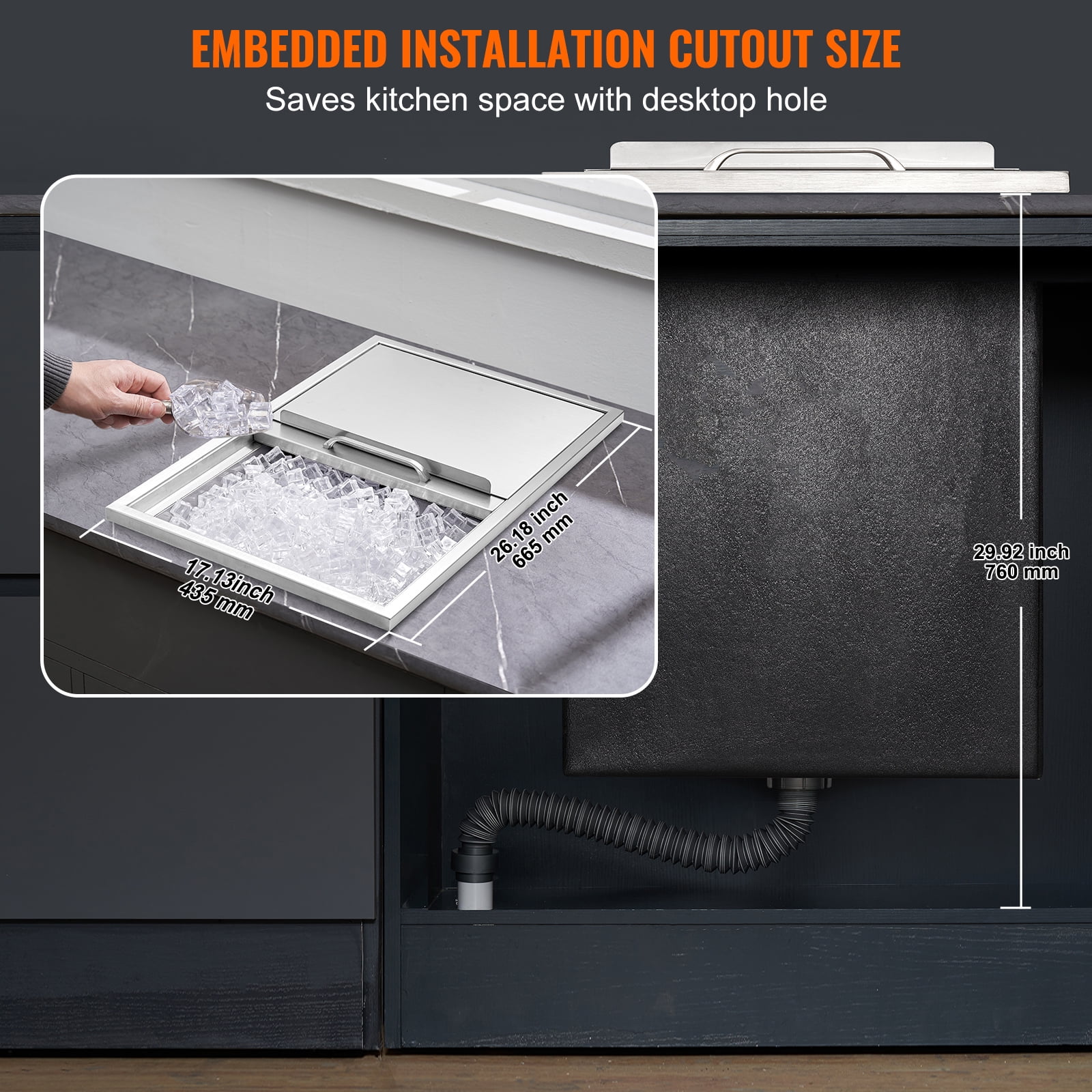 KFFKFF Drop-in Ice Chest, 27"L x 18"W x 21"H Stainless Steel Cooler, Commercial Ice Bin with Sliding Lid, 40.9 qt Outdoor Kitchen Ice Storage, Includes Drain Pipe and Plug, Ideal for Chilled Drinks