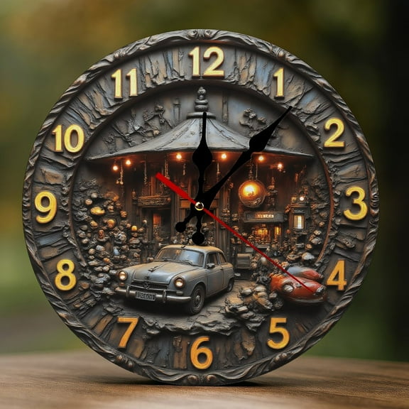 Wall Clock Decorative - Vintage Car Garage Print 2D Vintage Wall Clocks Battery Operated Silent Non-Ticking for Bedroom, Living Room, Kitchen, Office, Classroom, 10 Inch