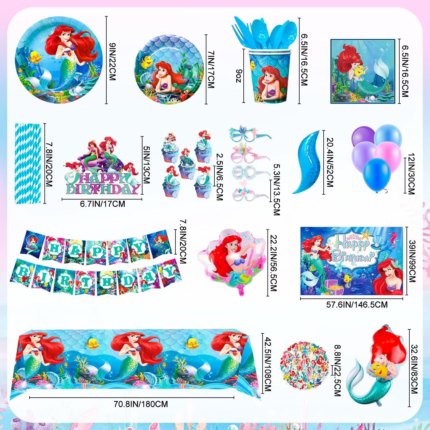 Little Mermaid Birthday Party Supplies,185pcs Little Mermaid Party Decorations&Tableware Set-Little Mermaid Party Plates and Napkins Backdrop etc