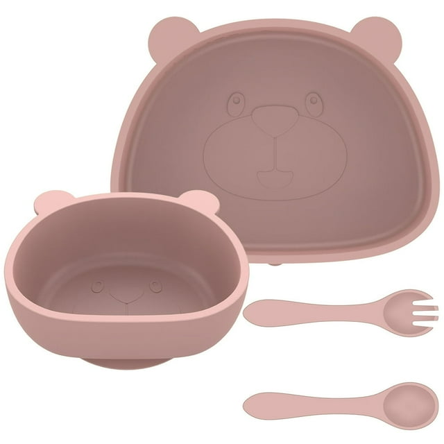 Baby Plate and Bowl Set with Suction Reusable Silicone Baby Tableware Set with Flexible Fork Spoon BPA-Free Baby Led Weaning Supplies Washable Microwave Safe Self Feeding Utensils for Tod