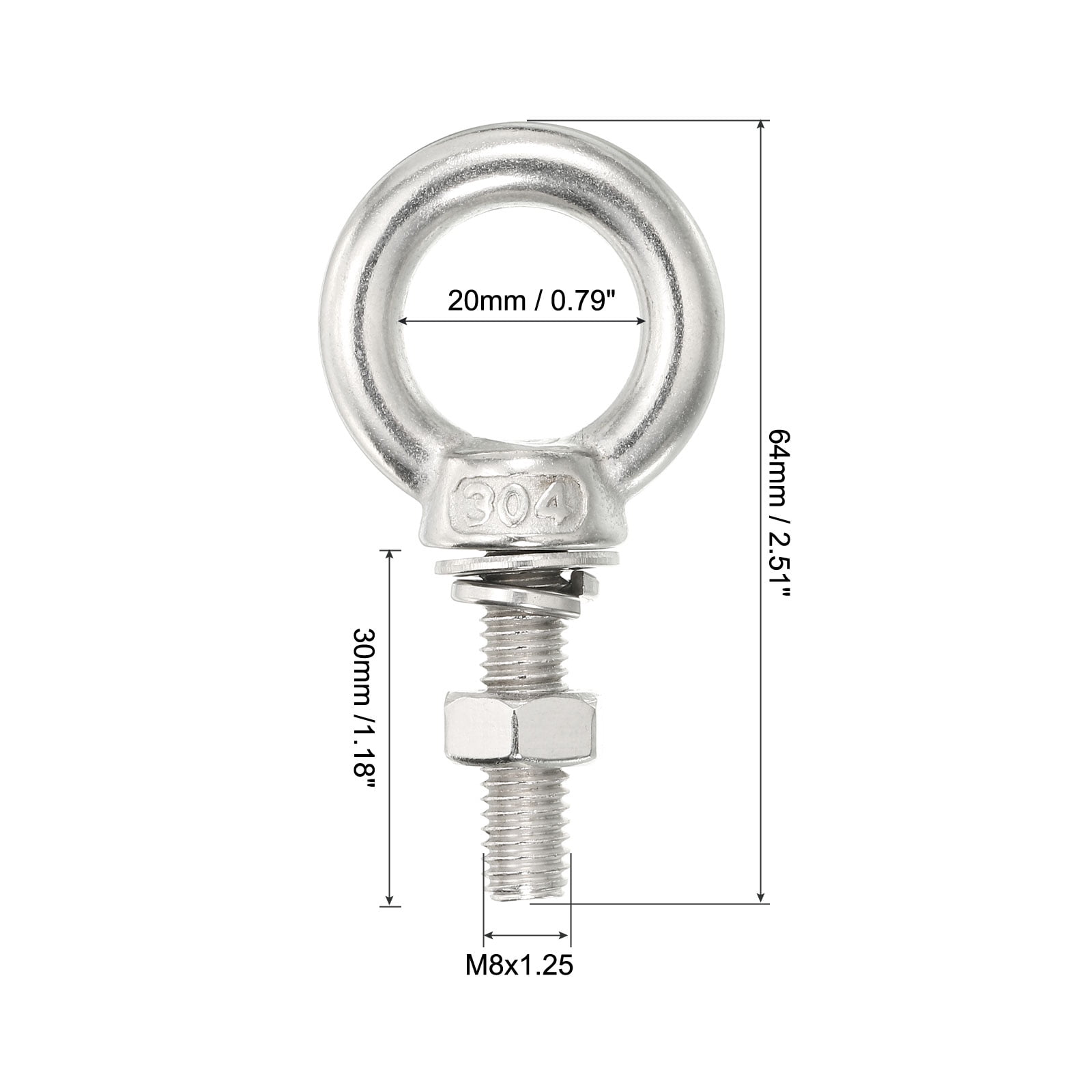 M8x60 5/16"x1.18" Stainless Steel Eye Bolts Threaded Screw Eyebolt Shoulder Ring with Nuts Washers 4 Set