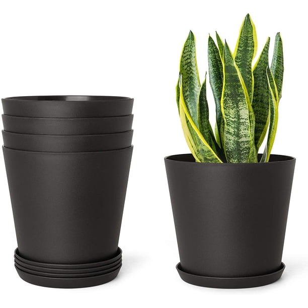6.5" Plastic Pots for Plants with Trays, Indoor Set of 5 Plastic ...
