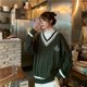 thumbnail image 5 of Suéter holgado de cuello en V de color liso estilo preppy para mujer, moda de otoño e invierno, prendas de punto bordadas, tops de punto casuales que combinan con todo, 5 of 5