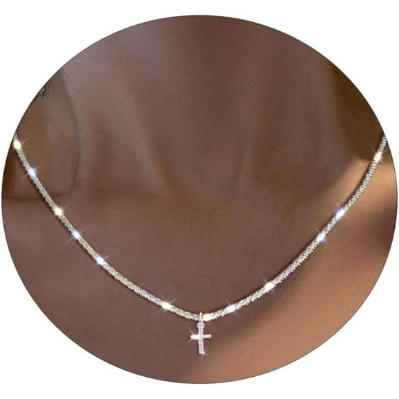 Diamond Necklace for Women Silver Plated Dainty Cross Necklace Cubic Zirconia Small Cute Cross Pendant Choker Simple Twist Rope Chain Y2K CZ Necklaces Trendy Jewelry Gifts for Women