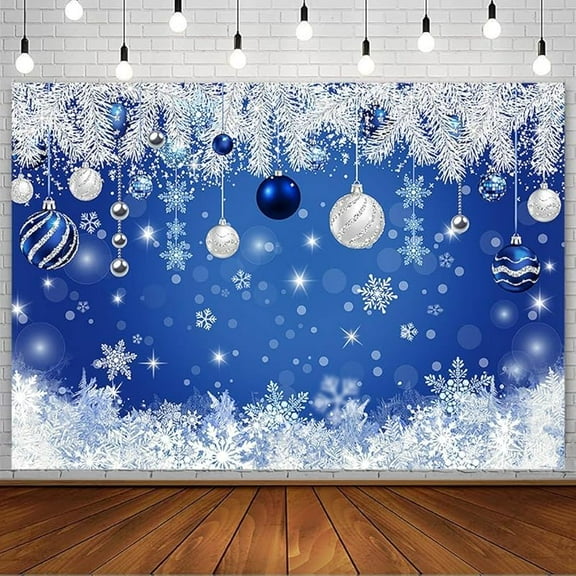 Winter Christmas Backdrop Blue Silver Bell Glitter Photography Background Snowflake White Pine Needle Family Xmas Tree Holiday Party Decorations Banner Supplies Photo Booth Props