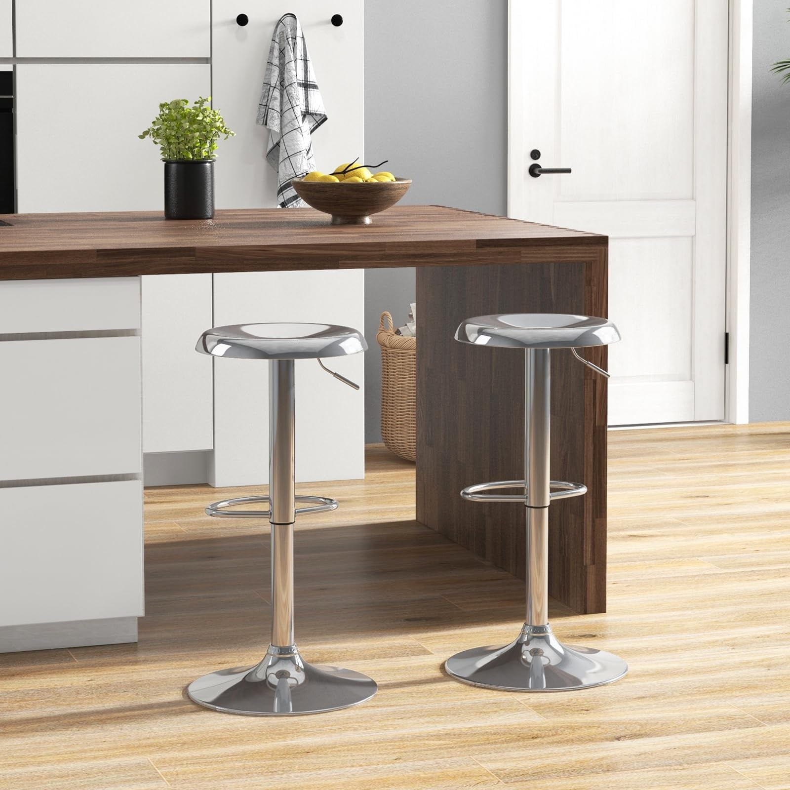 Metal Bar Stools Set of 2, Counter Height Adjustable Barstools, Backless 360° Swivel Kitchen Stools for Island, Dining, Bistro, Pub (Sliver)