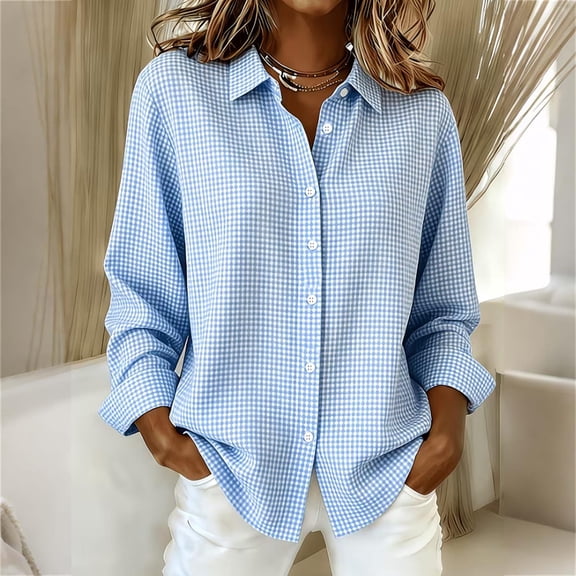 Samdudou Fall Clothes for Women Long Sleeve Gingham Plaid Shirts Button Up Checkered Blouse Classic Vintage Pattern Work Apparel
