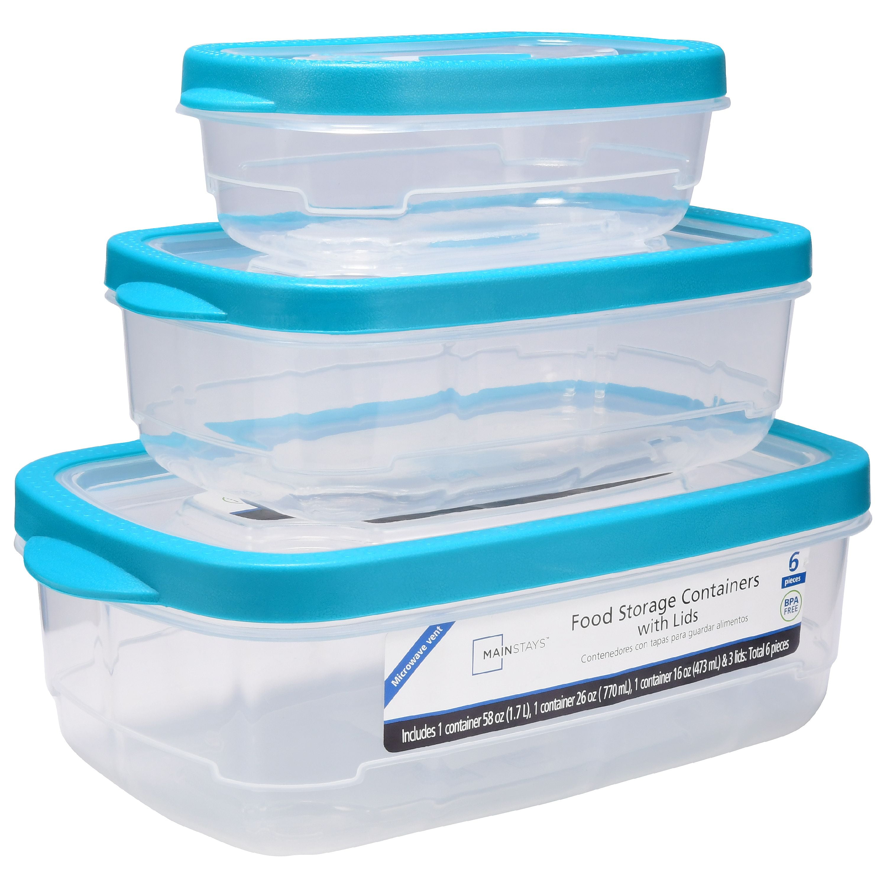 Mainstays Food Rectangle Storage Containers With Lids Teal 6 Count