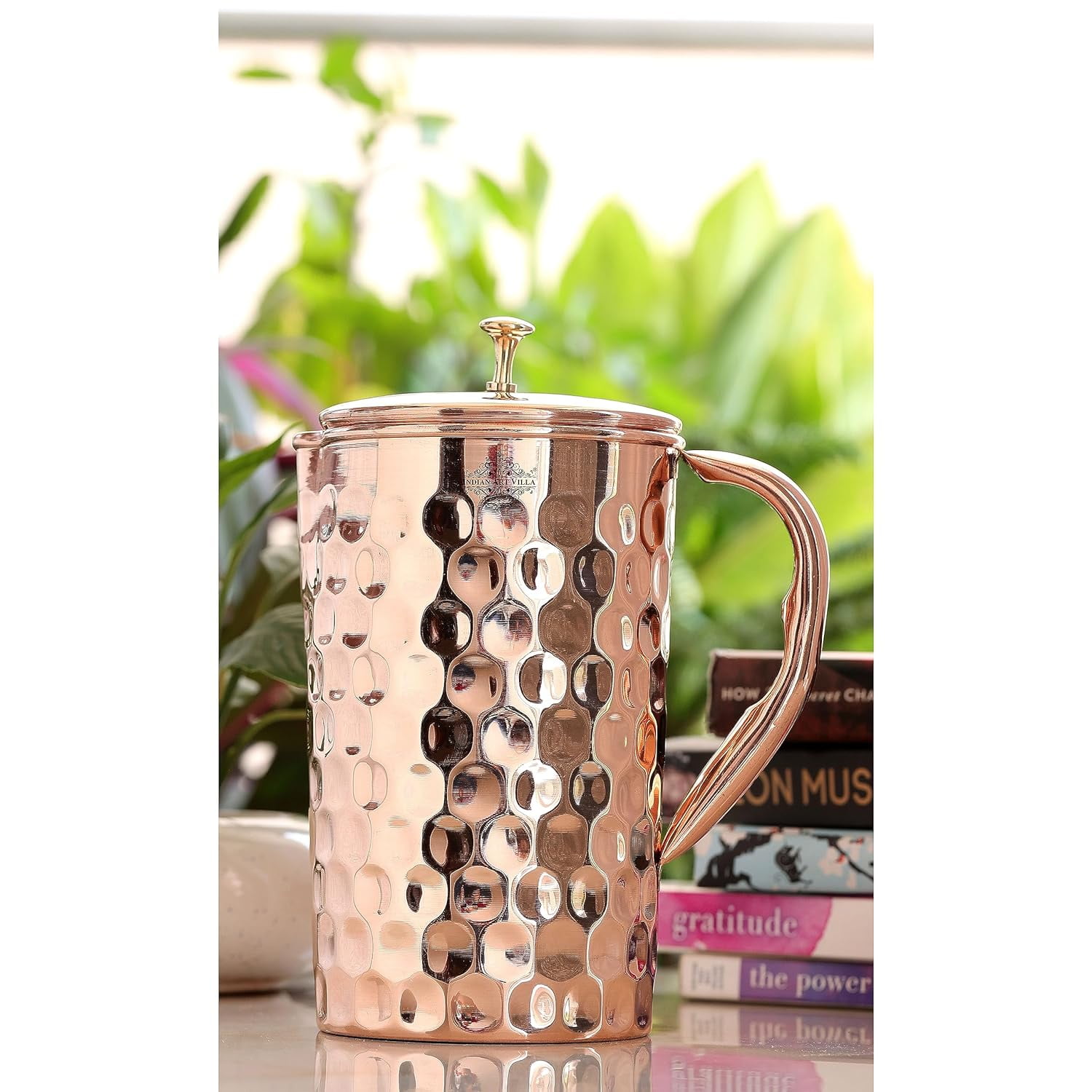 100% Pure Copper Diamond Cut Design 2 Liter Jug Pitcher with Brass Knob, 2 Dimond Copper Tumbler, Medium, Bronze